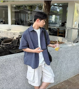 泡泡棉格子短袖衬衫男新款夏季百搭宽松休闲衬衣513ADC1960P38图片