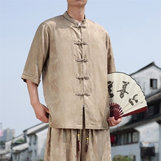新中式七分袖衬衫男2025夏季新款大码盘扣上衣CS100-P55，男装衬衫，电商A008