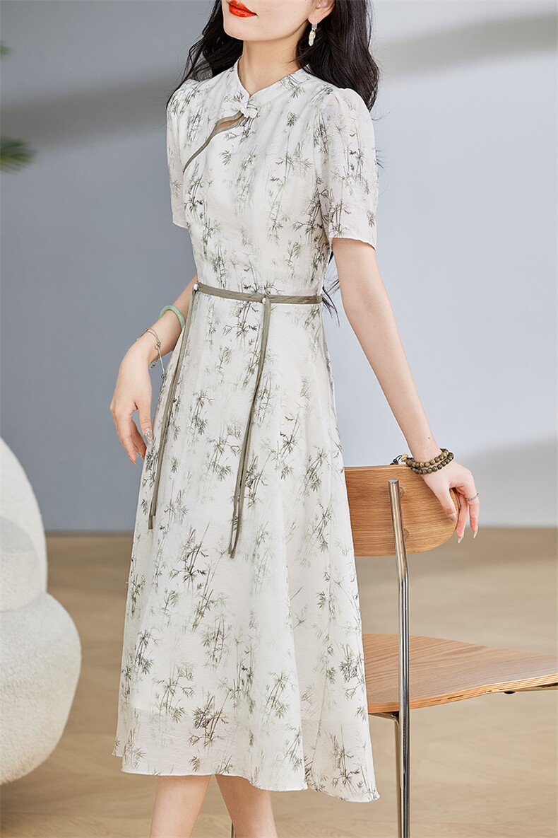 2024年夏季新款女装盘扣高腰旗袍领印花短袖中长款复古连衣裙,女装连衣裙,初闻兮