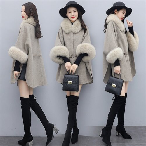 芷墨冬装新款时尚百搭毛呢外套斗篷外套可脱卸毛，女装毛呢外套，芷墨服饰