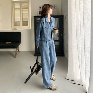 蓝色小香风牛仔套装女2025春季新款韩系休闲短款上衣阔腿裤两件套图片
