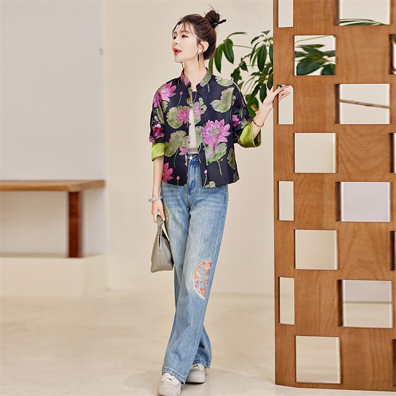 提花西装外套女短款2025春季新款立领新中式风流行上衣,女装短外套,水衣源