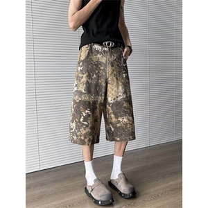 DK01ZZ-特P43蛇纹迷彩七分裤嘻哈废土水洗做旧牛仔裤男休闲中裤,红色老爹裤搭配什么上衣女夏图片