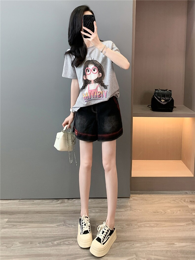 女夏季新款韩版运动休闲套装圆领卡通印花短袖宽松牛仔短裤两件套,女装套装/套裙,江南