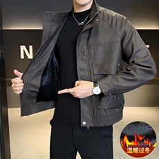 加绒皮衣外套男秋冬季2025新款机车PU皮夹克7712-P165，男装夹克，电商D327