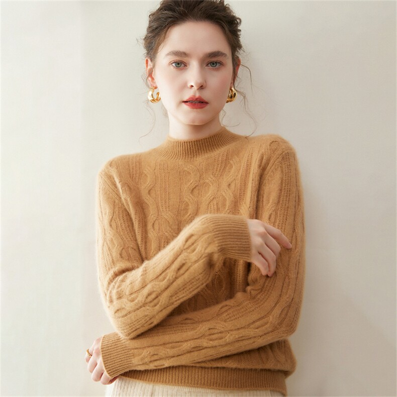 2025年秋季新款百搭女士加厚全身绞花圆领长袖羊绒衫,女装羊绒衫,纳丰羊绒