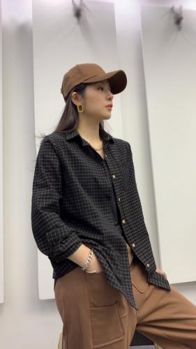 现货麻棉小细格衬衫,女装衬衫,依鼎衣典
