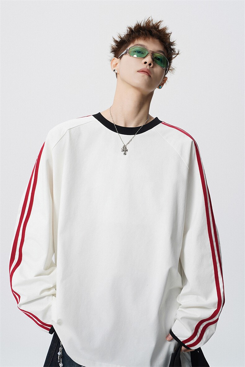 可二开美式撞色打底衫大码M-5XL条纹棉长袖T恤CT78185P45控78,男装T恤,星座227-7