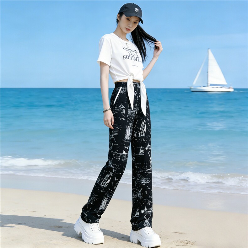 重工印花时尚休闲套装女夏季新款白色短袖上衣黑色阔腿长裤两件套,女装套装/套裙,江南
