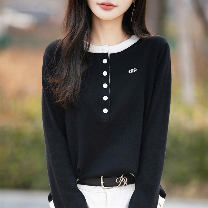 拼色圆领精纺羊毛衫长袖针织毛衣女士字母刺绣纽扣打底衫宽松上衣,针织衫/毛衣,佰米娇羊绒