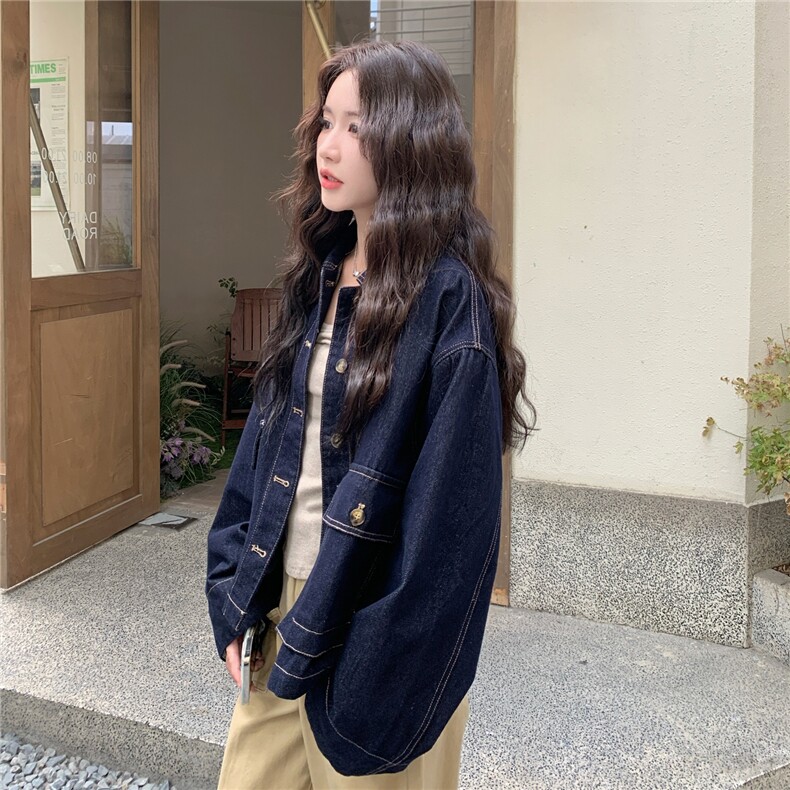 深蓝色设计感复古牛仔短外套女2025年春秋季新款韩版百搭显瘦夹克,女装短外套,2C016