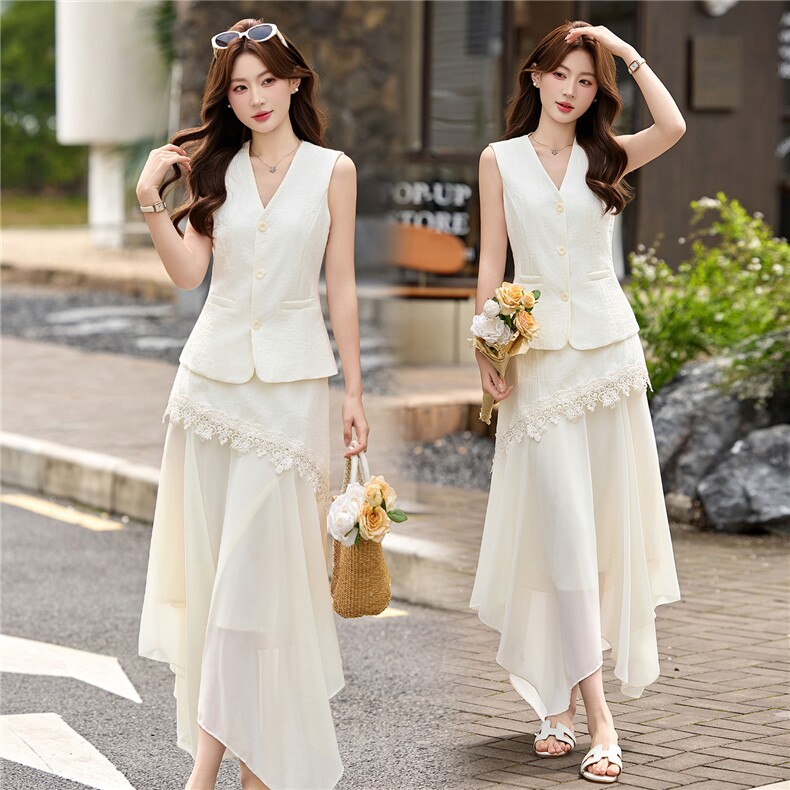现货现货2026夏季新款轻熟风V领马甲+蕾丝拼接半身裙两件套，女装套装/套裙，伊仟回