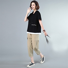 时尚刺绣宽松短袖连帽上衣+休闲工装裤两件套女夏季新款显瘦百搭套装855，女装套装/套裙，依恋蒂丝