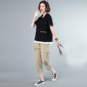 时尚刺绣宽松短袖连帽上衣+休闲工装裤两件套女夏季新款显瘦百搭套装855图片