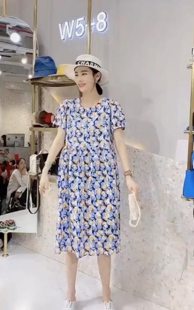 DG891夏季新款2021韩版时尚印花压褶A字连衣裙,女装连衣裙,L·H·X