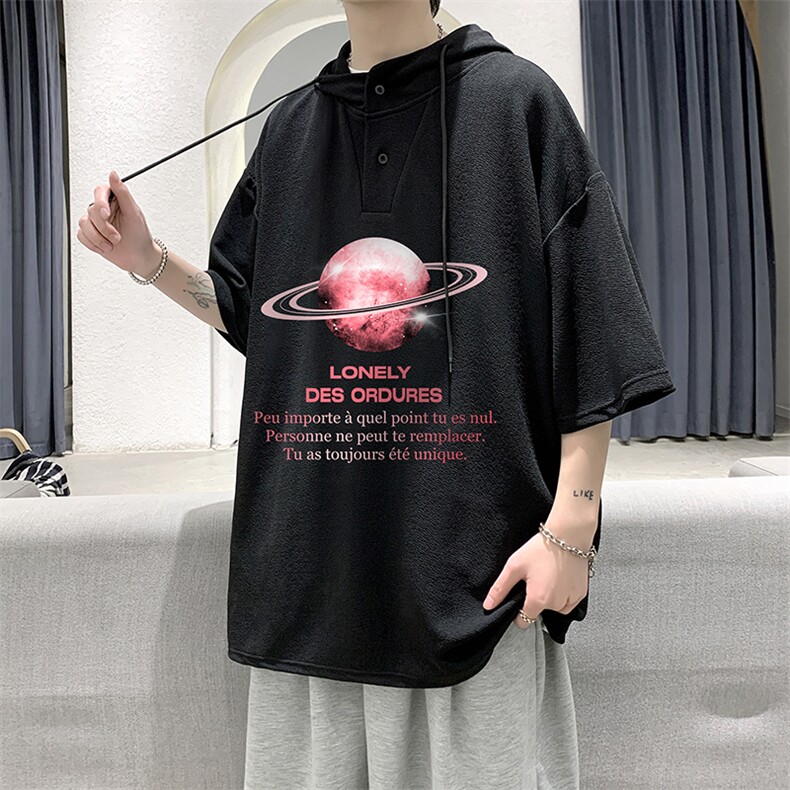 LD54184-P45连帽短袖t恤男大码胖子带帽五分袖中袖大皂风,男装T恤,电商A040