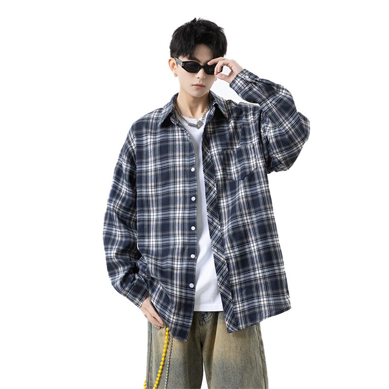 胖胖哥格子衬衫男秋季廓形大码宽松衬衣男生日系少年感休闲外套潮,男装防晒衣,电商B367