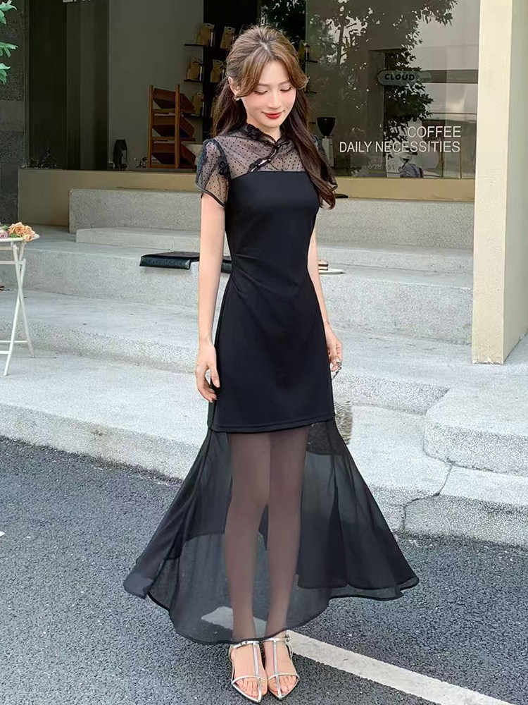 蕾丝拼接网纱连衣裙女夏季新款气质女人味中长款裙子中国2025,女装连衣裙,玖莱伊