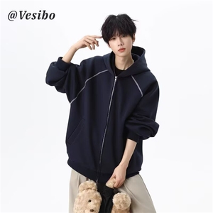 1506/QW3480/P49美式开衫连帽卫衣外套百搭夹克宽松潮流男装图片