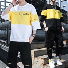 新款夏季短袖宽松T恤套装男装潮牌时尚休闲两件套体恤F12P68，男装休闲套装，电商A086