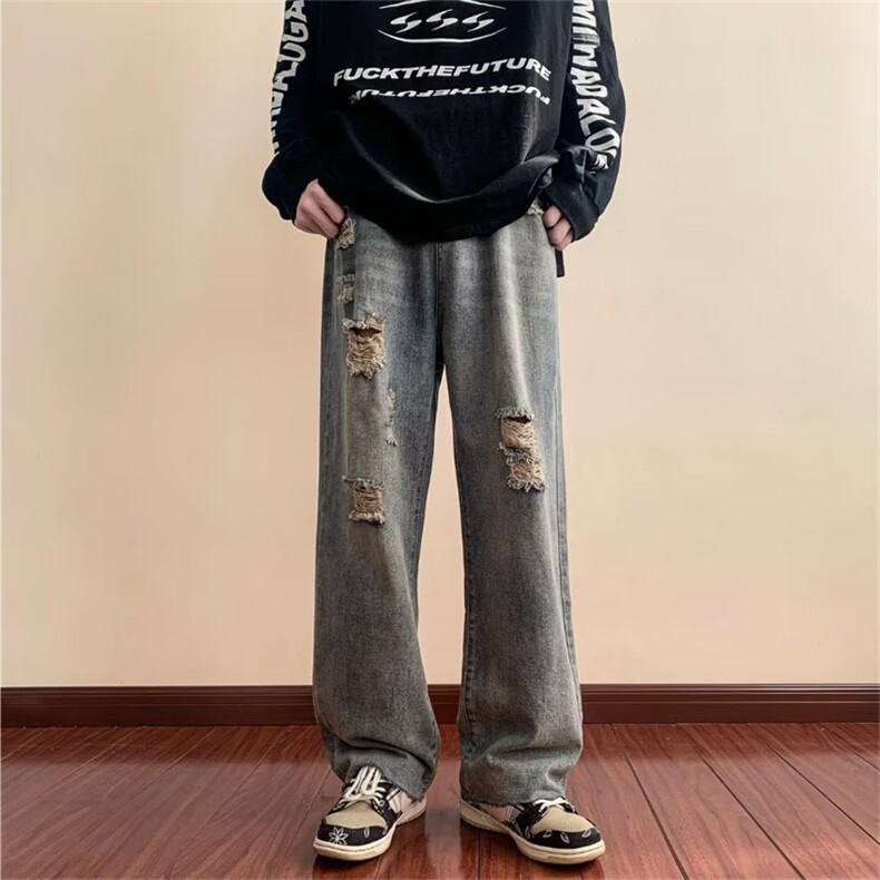 美式高街ins做旧破洞宽松直筒牛仔裤男休闲百搭阔腿长裤MN537-P40,男装牛仔裤,星座1008