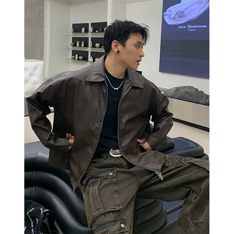 痞帅Pu皮衣小众双拉链垫肩皮夹克男机车服秋冬高街外套PW643,男装皮衣,星座1116A（原606A-3）