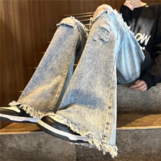 夏季破洞修身蓝色牛仔裤男女款水洗潮牌美式毛边牛仔裤X13P48，男装牛仔裤，星座1116-2
