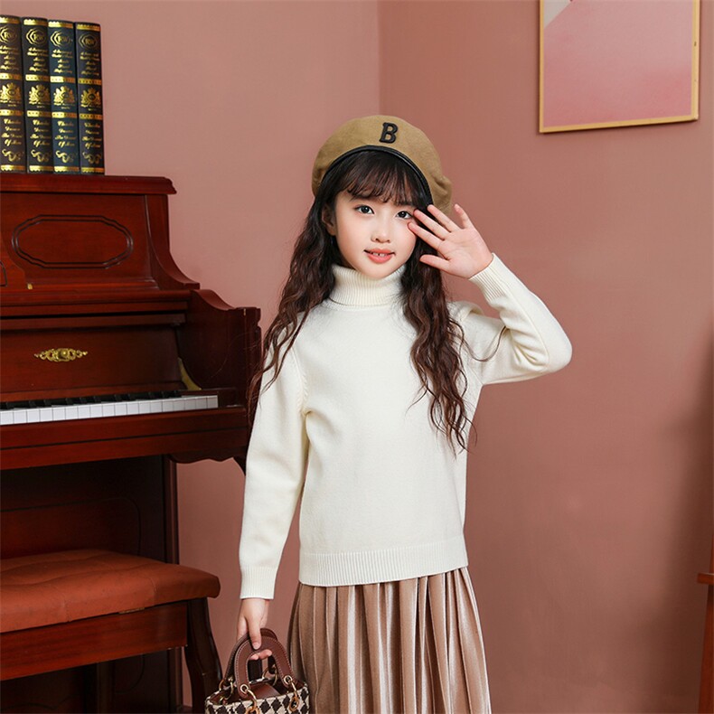新款儿童高领毛衣女童加厚保暖针织衫纯色简约百搭长袖打底衫,童装毛衣,越洋羊