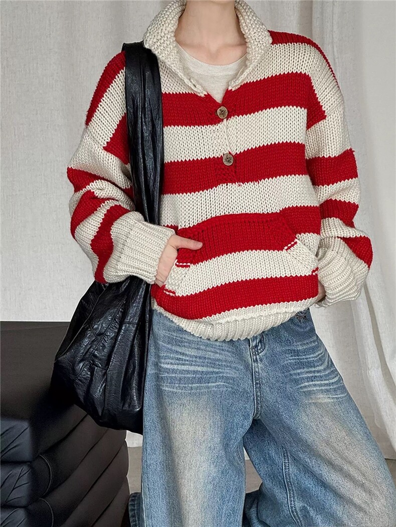 2025年秋季长袖休闲条纹翻领粗针扣子套头针织毛衣，女装针织衫/毛衣，织己羊绒