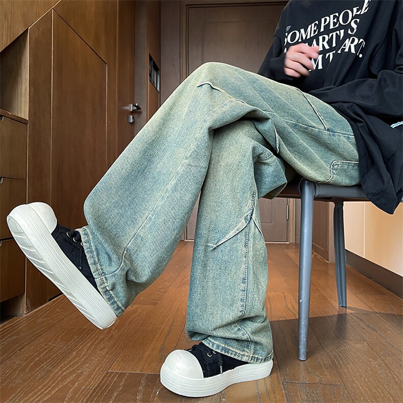 褶皱水洗牛仔裤M~8XL大码宽松设计感美式高街复古直筒裤NZ9001P55，男装牛仔裤，电商B238