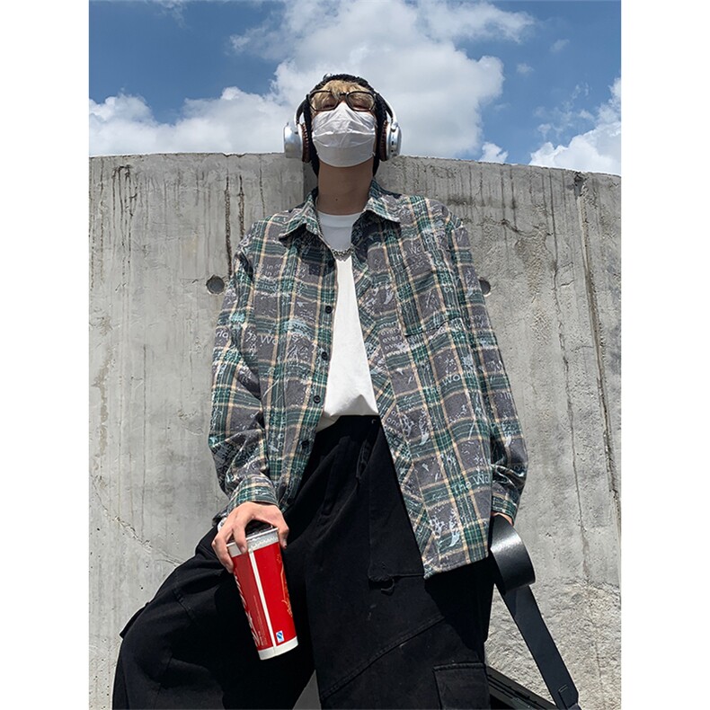 美式复古晕染格子衬衫男长袖高级感慵懒宽松外套C2260-特价P35,男装衬衫,电商A007