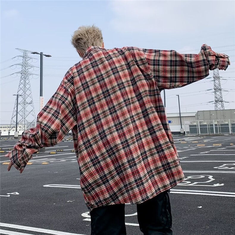 美式复古格纹长袖衬衫男女宽松上衣潮流慵懒情侣休闲衬衣6002/P40,男装衬衫,星座506