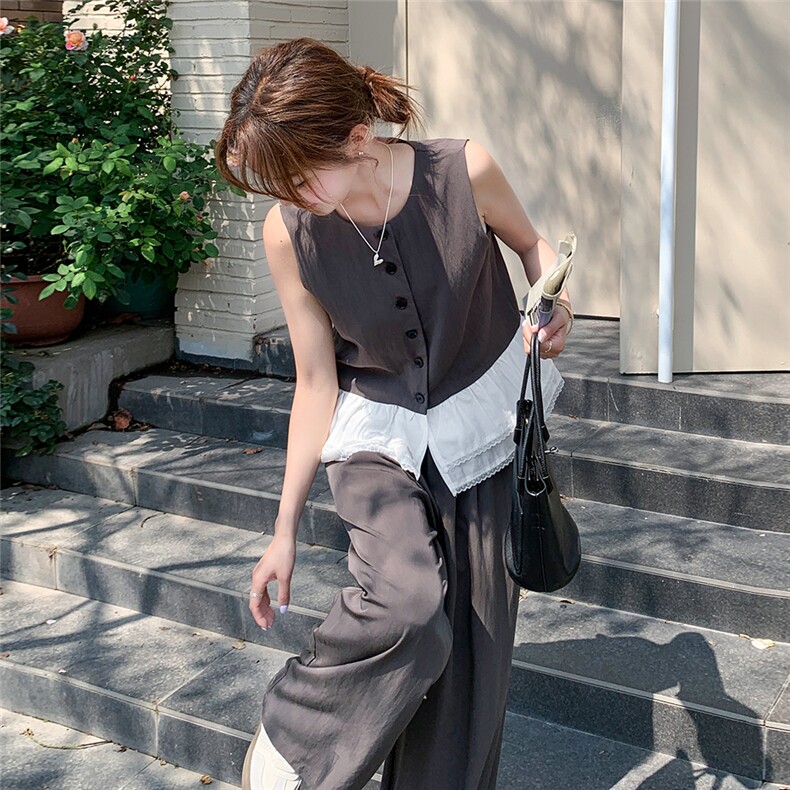 高级感蕾丝拼接马甲套装女2025夏季新款气质流行超火阔腿裤两件套图片