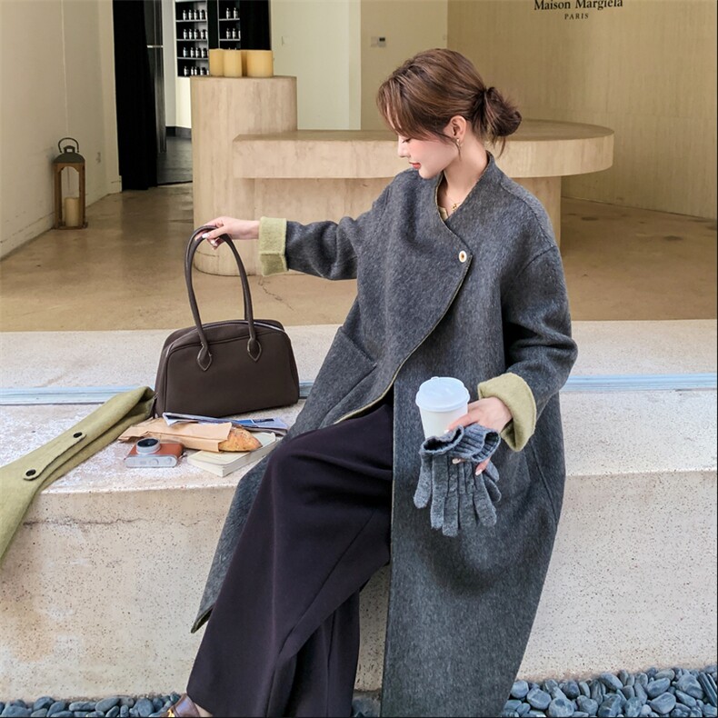 韩系气质围巾款双面呢大衣女2025冬季新款大女主气质长款毛呢外套,女装羊绒大衣,2B188