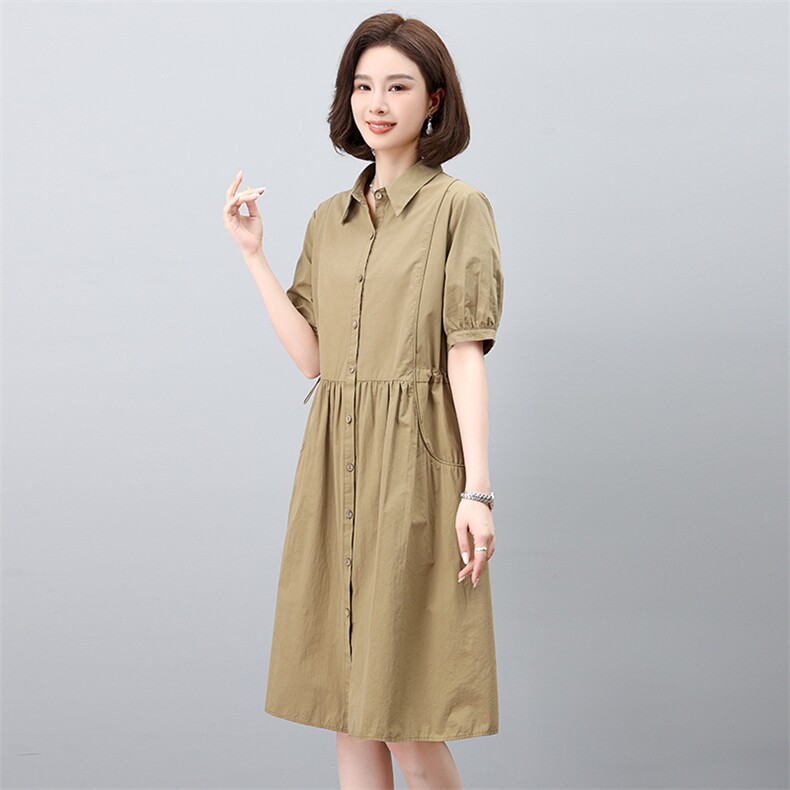 2026夏季新款纯棉宽松大码连衣裙中长款翻领开衫中长款女裙子,女装连衣裙,板酷