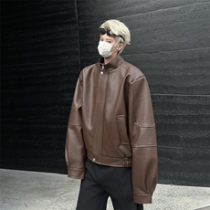 小众垫肩夹克外套男设计感廓形翻领pu皮衣拉链外套复古W6282-P72，男装皮衣，星座412-2