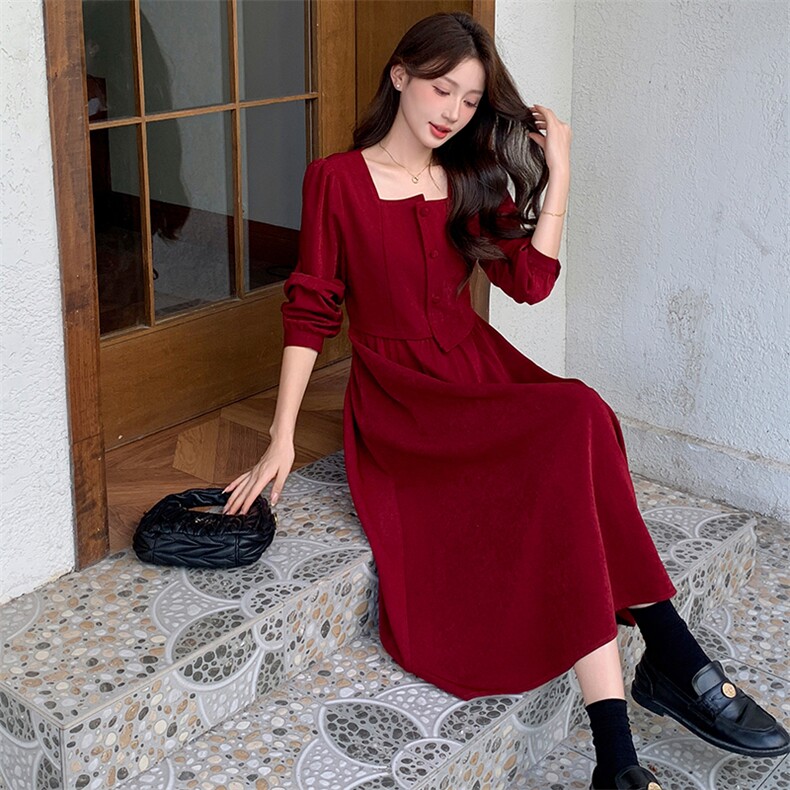 复古法式方领收腰连衣裙女2025秋季新款高级感中长款裙子,女装连衣裙,玖莱伊