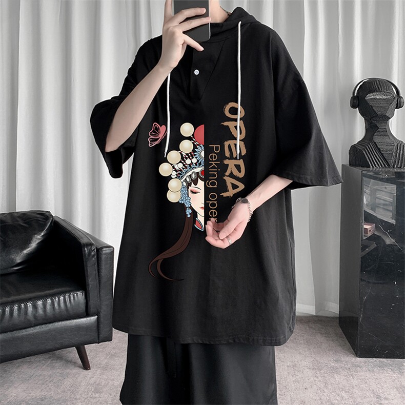 LD54161-P45连帽短袖t恤男大码胖子带帽五分袖中袖,男装T恤,电商A040