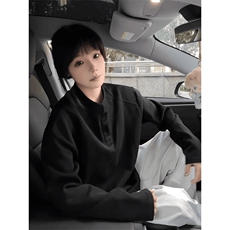 抖音得物品质美式高街重磅曼巴棉拼接cleanfit亨利领卫衣长袖T恤，男装T恤，电商A486