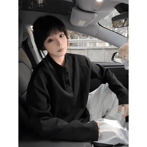 抖音得物品质美式高街重磅曼巴棉拼接cleanfit亨利领卫衣长袖T恤图片