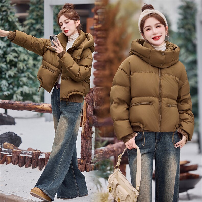 小个子短款羽绒服女2025冬季新款宽松泡芙感面包服连帽白鸭绒外套,女装羽绒服,米雪儿