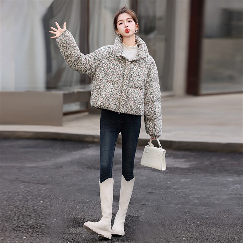 小碎花立领短款羽绒服女2024冬季新款时尚保暖白鸭绒小个子短外套,女装羽绒服,歌伊格美