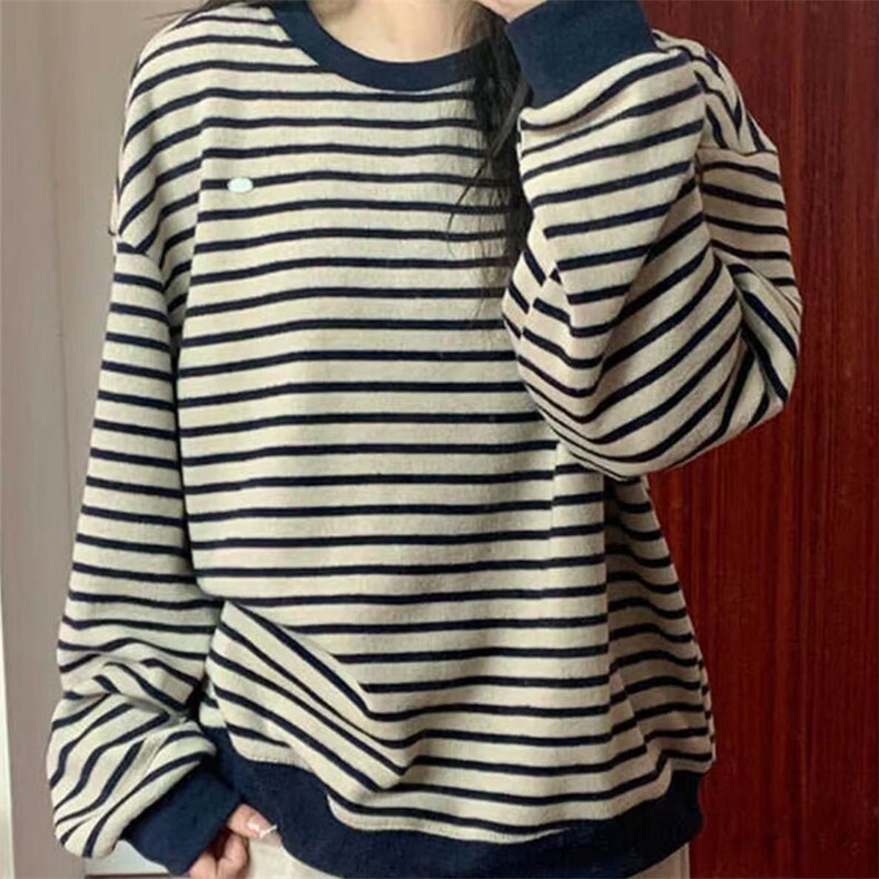 2025年春季条纹圆领女士针织毛衣，女装针织衫/毛衣，萱芳婷羊绒