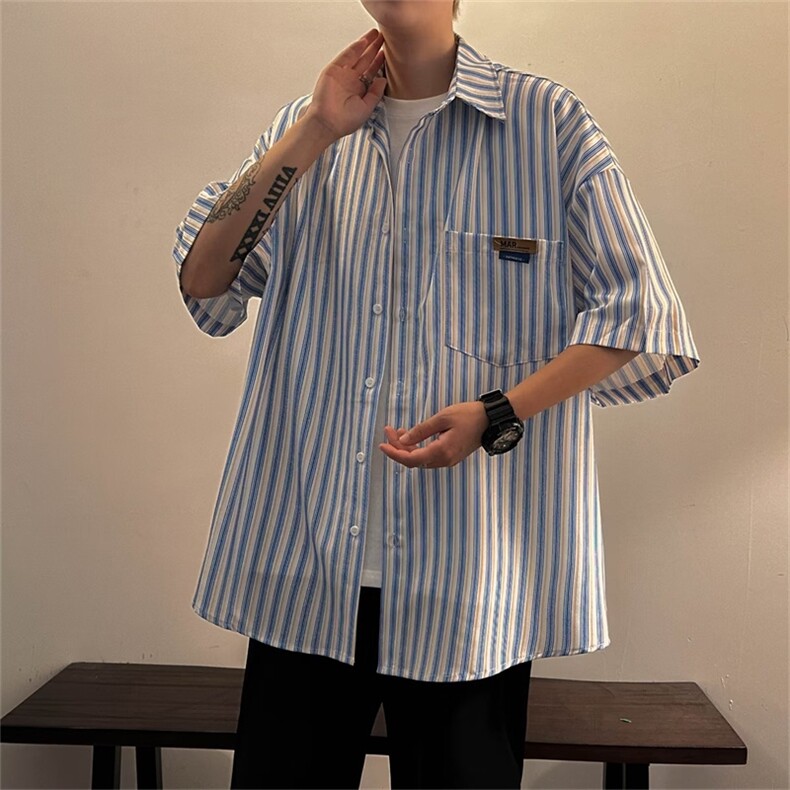 夏季复古日系百搭休闲短袖衬衣条纹衬衫男女情侣小众潮SC79-P29,男装衬衫,星座1008