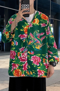 C7022男士休闲大码大花大V领七分袖T恤外套风民族特色套头TEE图片