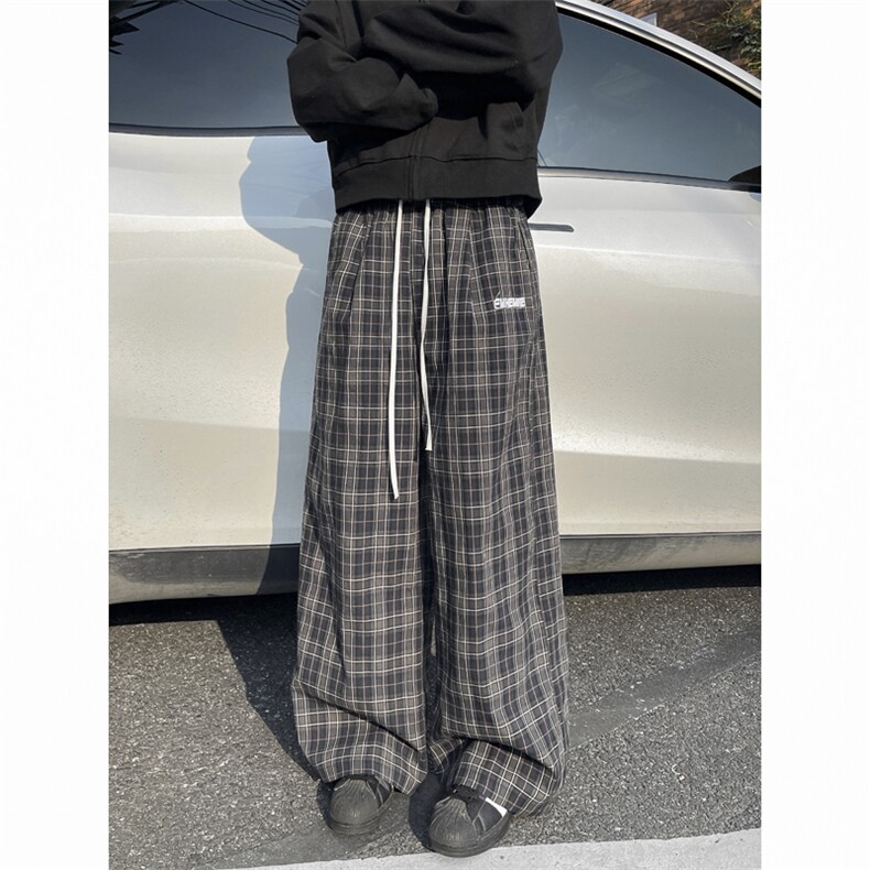 美式复古格子阔腿裤女秋季设计感高腰宽松休闲直筒垂感拖地长裤子图片