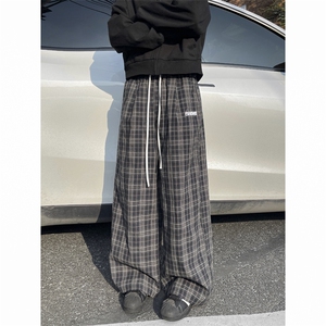 美式复古格子阔腿裤女秋季设计感高腰宽松休闲直筒垂感拖地长裤子图片