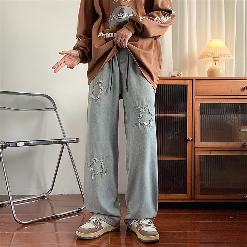 牛仔裤男欧美高街vibe风设计感小众秋冬宽松直筒阔腿裤N3231-P45,男装牛仔裤,星座1008-1