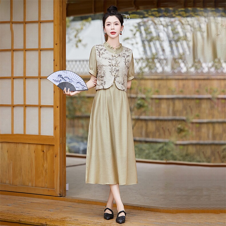 2024夏装新款新中式套装裙女时尚气质盘扣马甲连衣裙两件套,女装连衣裙,星期衣