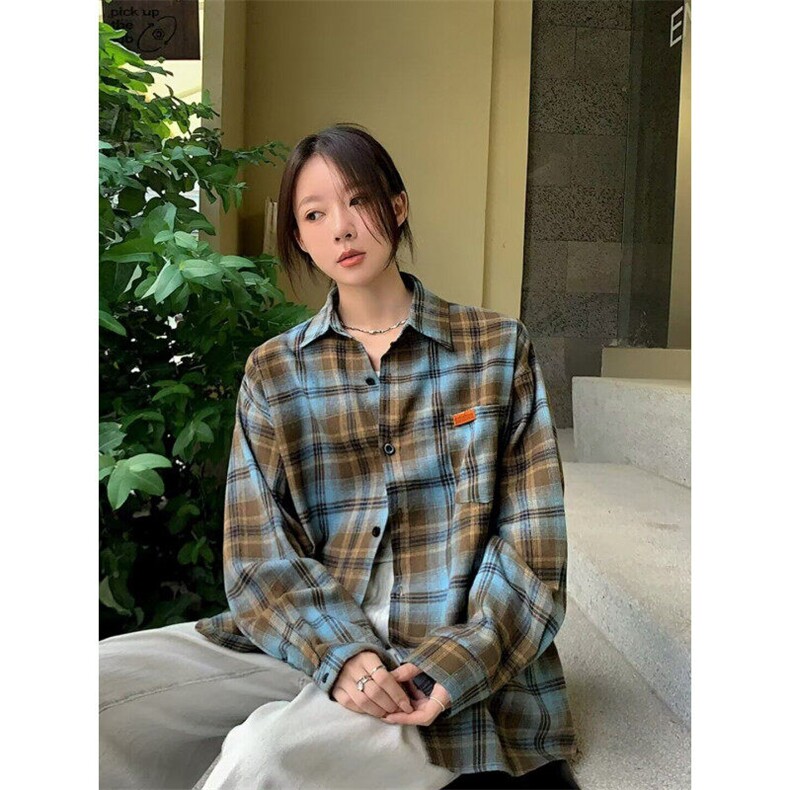 Q11/P36美式复古格子衬衫男女款外穿长袖上衣慵懒衬衣外套,男装衬衫,星座1506